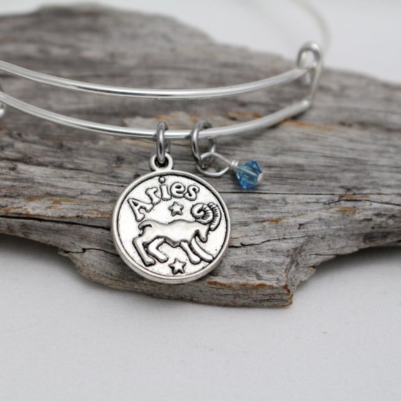 March Aries Adjustable Charm Bangle - Handmade Zodiac Bracelet - Picture 1 of 10